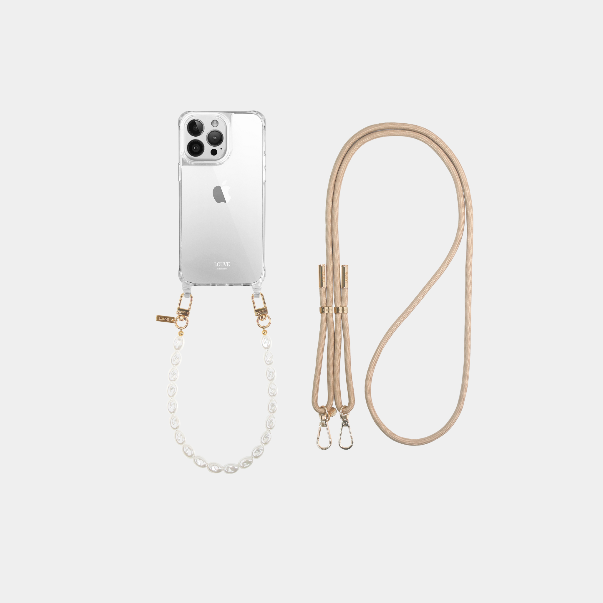 Clear Phone Case Beige Crossbody Strap Pearl Wristlet
