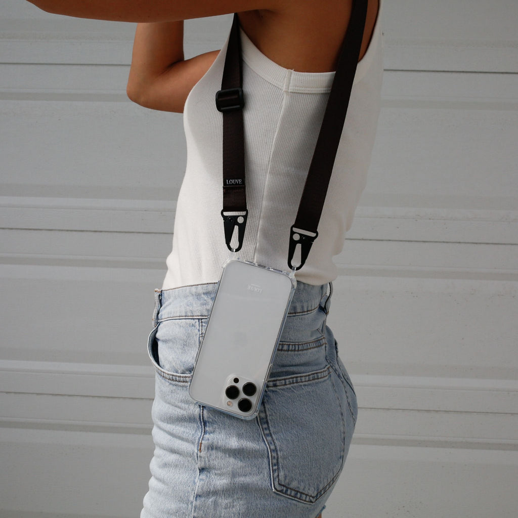 Phone case with crossbody phone strap. Cross body smartphone case. cover. Xouxou. bandolier. phone necklace. phone bag. phone purse. phone harness. Smartphone accessories. iPhone strap. iPhone lanyard